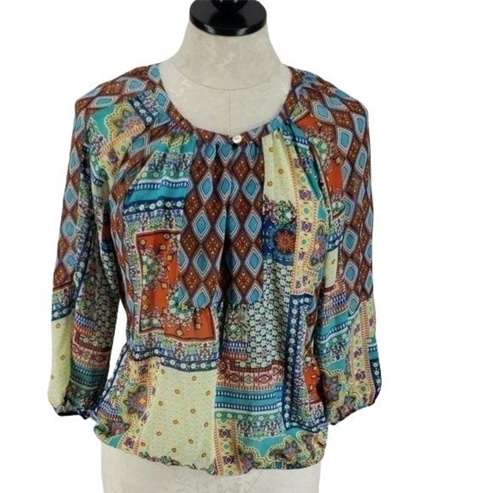 New Directions Patchwork Blouse Womens Small Multi Color Excellent Boho Top